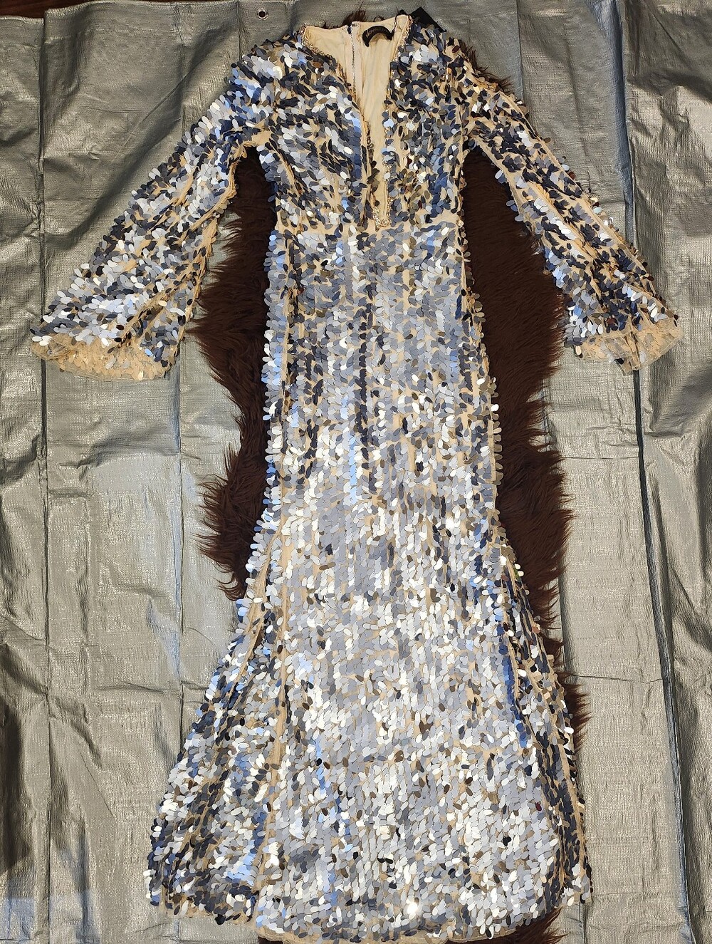 Fashion Nova Silver and Cream Sequin Maxi Dress